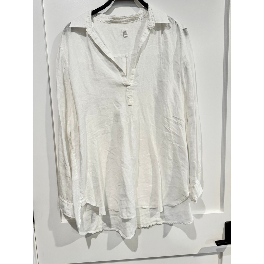 Gap Women White 100% Linen Long Sleeve Split Neck Tunic Blouse XL